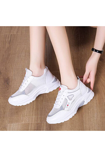 Women's Gray and White Heart Sneakers