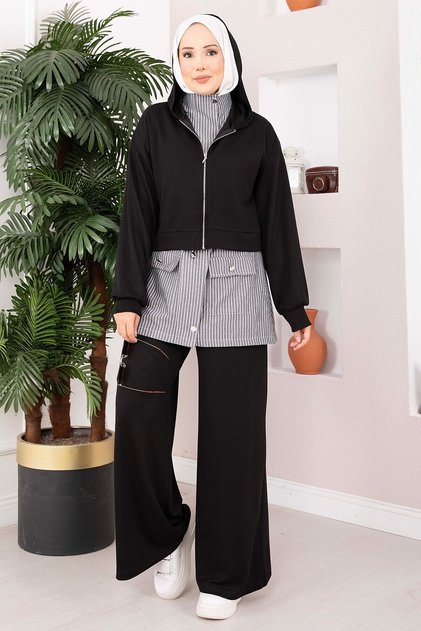 Stripe Garnished Sports Three-Piece Set Black