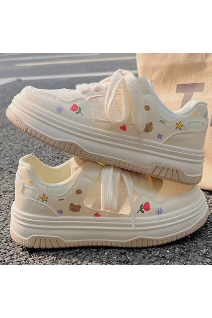 Women's White Doodle Mesh Chunky Lace-Up Sneakers