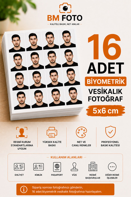 16 Adet Biyometrik Vesikalık Fotoğraf – 5x6 cm Kişiye Özel Fotoğraf Baskısı