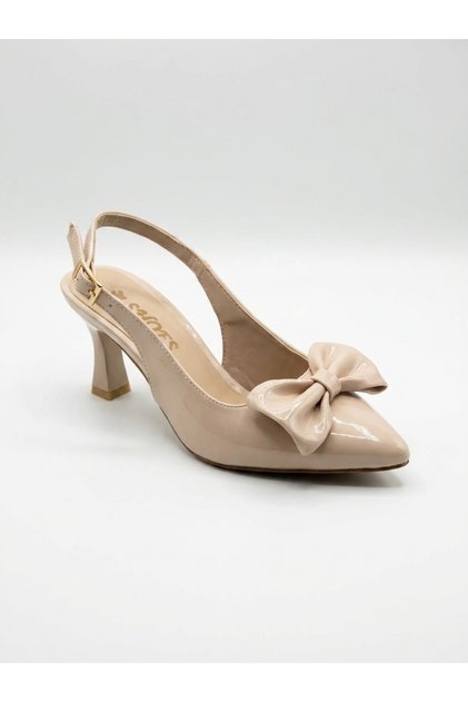 Women's Cream Patent Leather Bowtie 7cm Heeled Shoes Nk3214