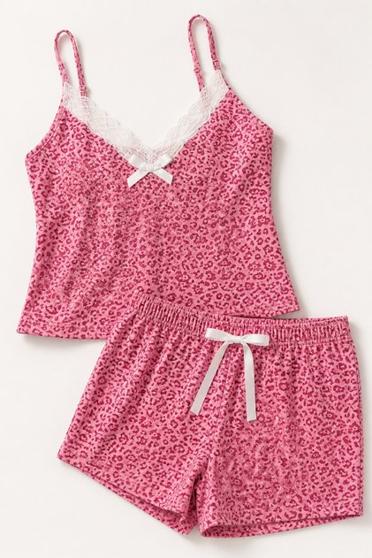 Women's Plus Size Rope Strap Lace Collar Floral Patterned Summer Pajama Set