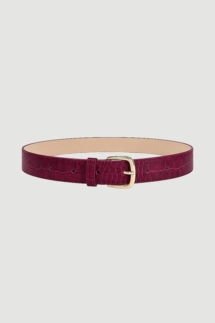 Crocodile Patterned Faux Leather Belt with Gold Buckle - Burgundy