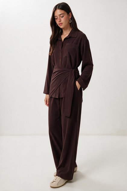 Scarf Detailed Gabardine Shirt and Trousers Set Lby0070 Mürdüm