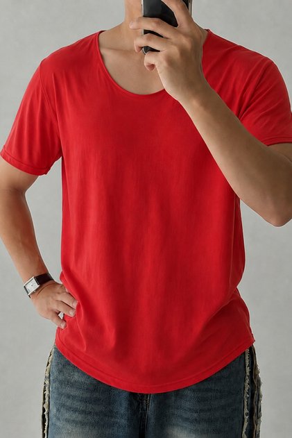 Men's Wide Collar Oval Hem 100% Cotton Single Jersey Fabric Short Sleeve Basic T-Shirt