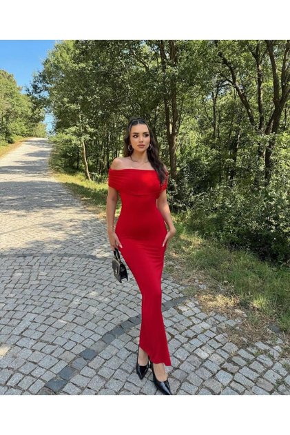 Women's Red Backless Madonna Collar Maxi Dress Yel221540