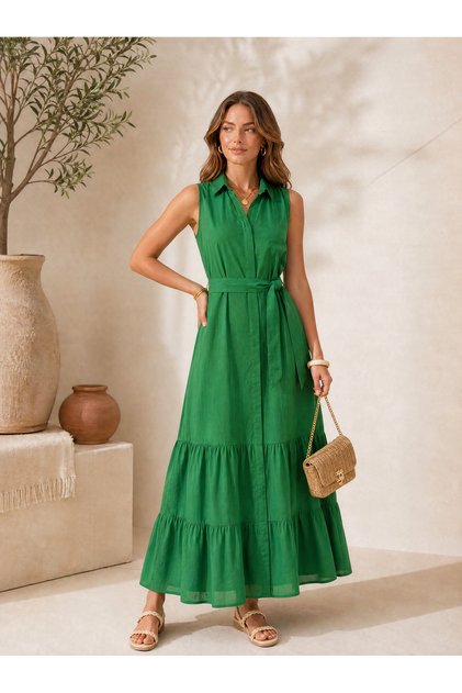 Stylish and Elegant! Women's Sleeveless Collared Buttoned Front Belted Waist Tricot Long Dress