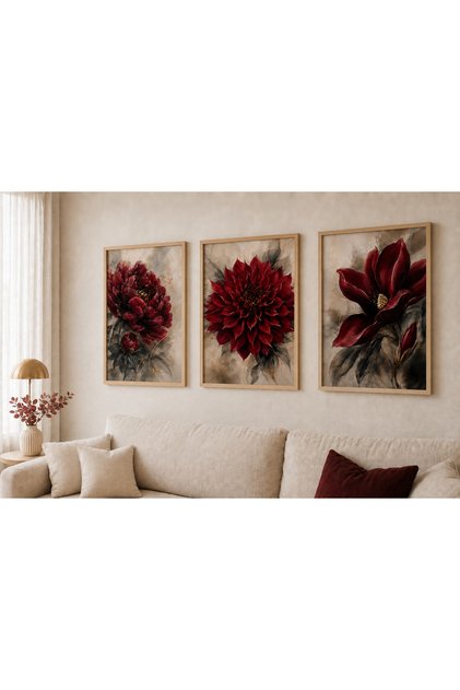 Red Flowers 3 Piece Painting Set, Wall Decoration