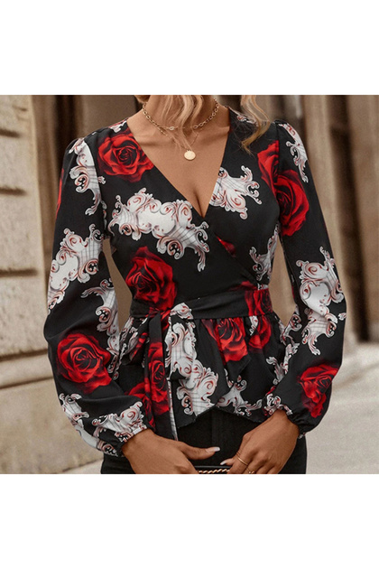 Women's Black Floral Wrap Blouse
