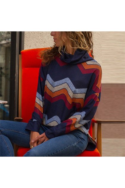 Women's Navy Color Striped High Neck T-Shirt