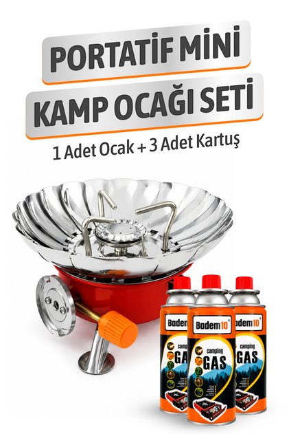 (1 Adet) Mini Portatif Rüzgarlıklı Çakmaklı Kamp Ocağı + (3 Adet) 400 ml Kamp Kartuşu