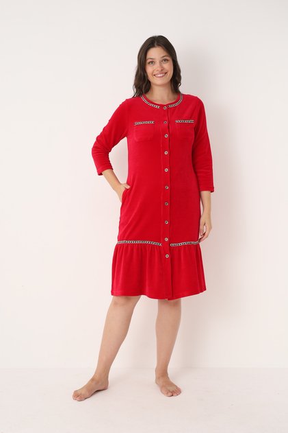 Women's Cotton Buttoned Velvet Dress / Fuchsia 3977