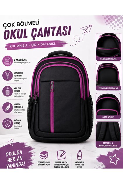 Multi-Compartment Unisex School Backpack – Large Front Pocket with Vertical Zipper, Side Mesh Pockets, Padded Straps