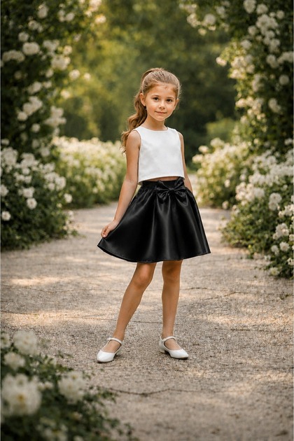 Girl's Satin Bow Detailed Mini Flared Skirt