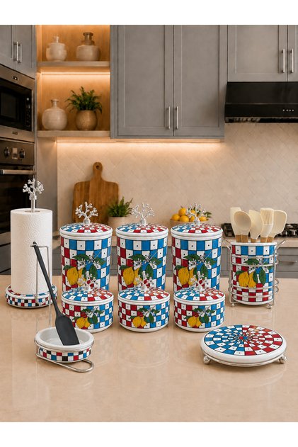 Kitchen Set - Dowry Set 105 Flat Lids 10 Pieces Lemon Checker Color Pattern Silver