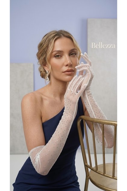 Bellezza - Stone Embellished Long Bridal Gloves - Transparent Tulle Wedding & Evening Dress Gloves
