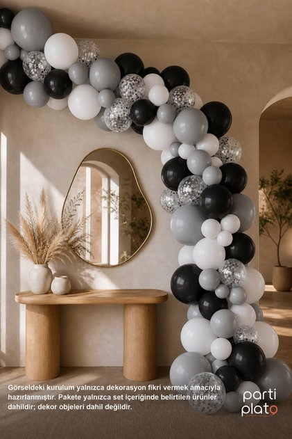 72-Piece Monochrome Balloon Arch Set, Includes White Gray Black Transparent Silver Confetti Chain Tape