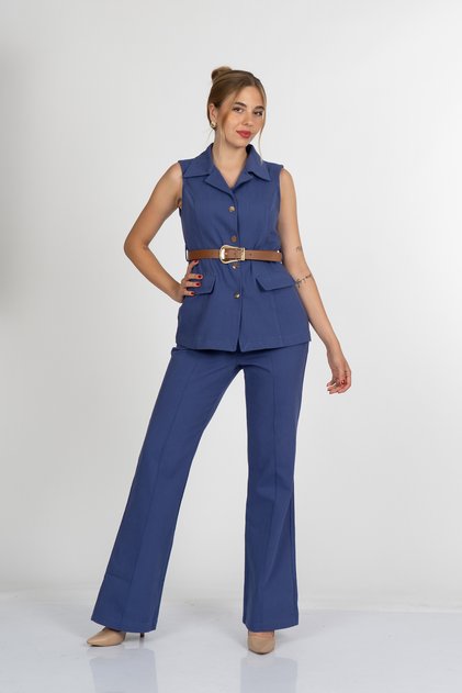 Women's Summer Sax Long Vest with Belt and Ornamental Pockets & Spanish Flare Front Seam Detailed Trousers Set 1182