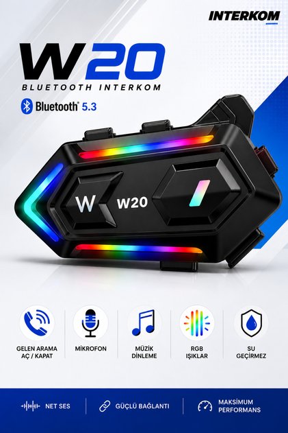 Motosiklet Bluetooth İnterkom RGB Işıklı Kask Kulaklığı Mikrofonlu Suya Dayanıklı Müzik ve Navigasyon Destekli