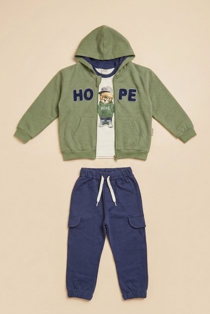 Baby Boy Hooded Zippered Teddy Bear Printed Cargo Pocket 3-Piece Tracksuit Set