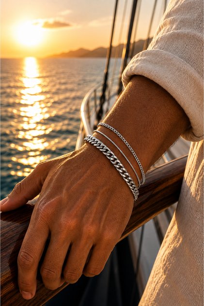 Men's Steel Detailed 3-Piece Bracelet Set Combination