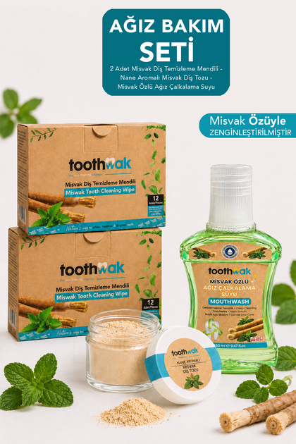 3-Pack Dental Care Set - 2 Packs of 12 Dental Cleaning Wipes, Mouthwash, and Mint-Flavored Cleaning Powder