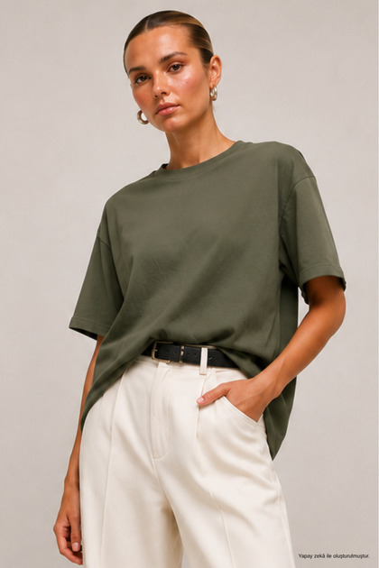 Women's khaki 100% cotton mercerized interlock oversize t-shirt