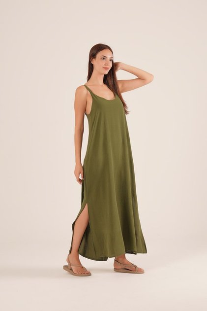 Ayrobin Thick Fabric Strap Slit Maxi Dress