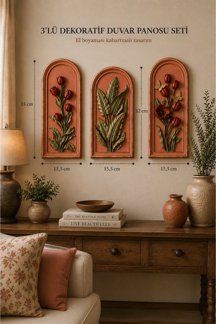3’lü Vintage Dekoratif Duvar Panosu Seti | El Boyaması Kabartmalı Çiçek & Yaprak Tasarım | Vintage Duvar Dekorasyonu