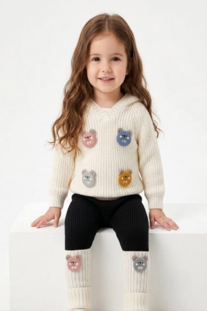Teddy Bear Detailed Hooded Sweater, Leggings and Tights 3-Piece Knitwear Baby Girl Set