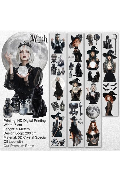 Moonlit Witch 3D Crystal PET Tape 7 cm x 5 m – Cadı, Ay ve Gothic Scrapbook Journaling Dekoratif Bant