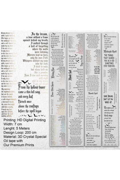 Midnight Verses 3D Crystal PET Tape 7 cm x 5 m – Gothic Yazı ve Şiir Temalı Scrapbook Journaling Dekoratif Bant