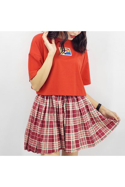 Women's Red Plaid T-Shirt & Shorts Set