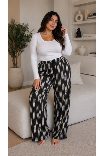 Women's Viscose Pocketless Battal Trousers Relaxed Fit Plus Size - Patterned