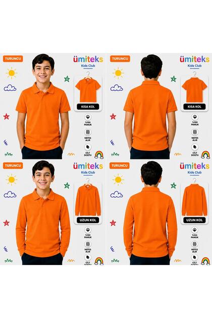 Unisex Children's Polo Collar T-Shirt 100% Cotton Short Sleeve & Long Sleeve School T-Shirt Set of 2