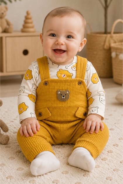 Baby Boy 3-Piece Romper Set With Overalls and Socks, Teddy Bear Patterned Bodysuit, Bear Embroidered, Cotton, Unisex