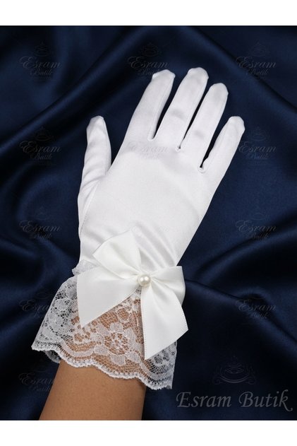 White Tail Satin Bow, Beaded and Lace Women's Gloves, Wedding Engagement Wedding and Evening Dress
