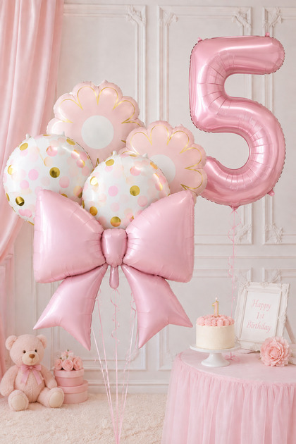 5 Year Old Pink Bow Theme Balloon Set 6 Piece Balloon Decoration Set