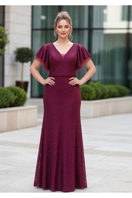V YAKALI KOLLARI ÇİFT KAT VOLANLI BÜYÜK BEDEN ABİYE DANTEL ELBİSE