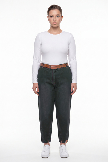 Women's Khaki Winter Denim Trousers with Belted Legs, Slits and Accessories