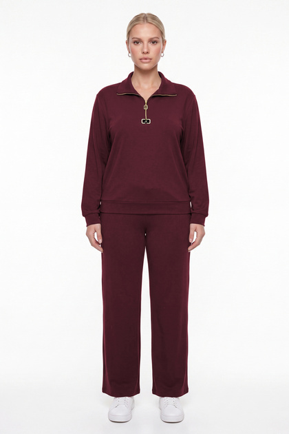 Women's Burgundy Seasonal Accessory Detailed Half-Zipper Tracksuit Set