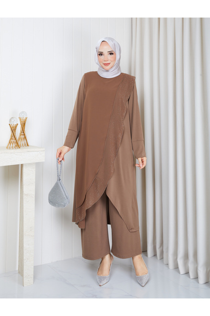 Plus Size Stone Detailed 2 Layer Chiffon Layered Sandy Double Set