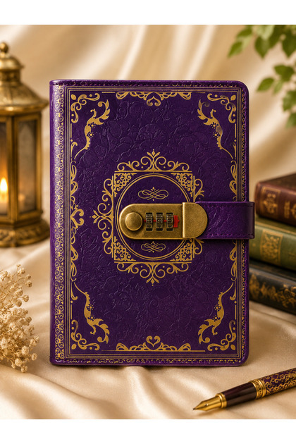Lüks Vintage Şifreli Defter - Deri Görünümlü, Altın Varaklı Günlük Özel Hediye