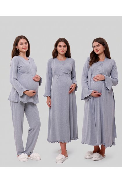 Gray Ruffled Double-Breasted Cotton Long-Sleeved Maternity Pajama Set and Nightgown 4-Piece Set