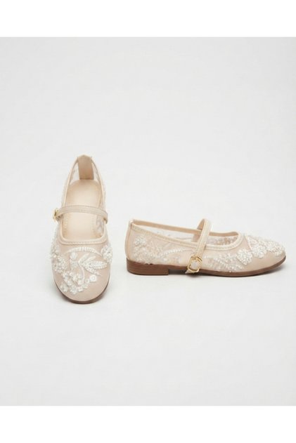 Women's Pearl and Embroidered Tulle Detailed Ballerina Shoes