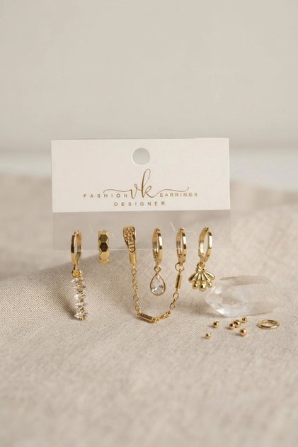 Gold Color Brass Zircon Stone Detailed 6-Piece Earring Combination Set