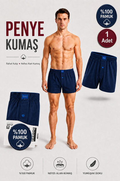 Men's Combed Cotton Boxer 100% Cotton 1 Piece (Tutku Authorized Seller) Towel Waist Buttoned Cotton Comfortable Fit Breathable Fabric - Navy Blue