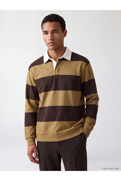 Ozmarka New Season Yellow Polo Collar Striped Men's Sweatshirt