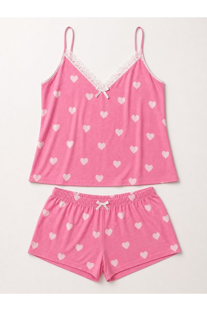 Women's Plus Size Rope Strap Lace Collar White Heart Pink Summer Pajama Set