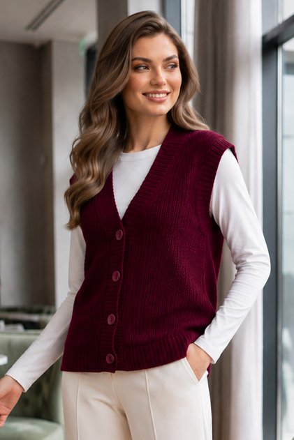 Buttoned Knitwear Sweater N518 Claret Red